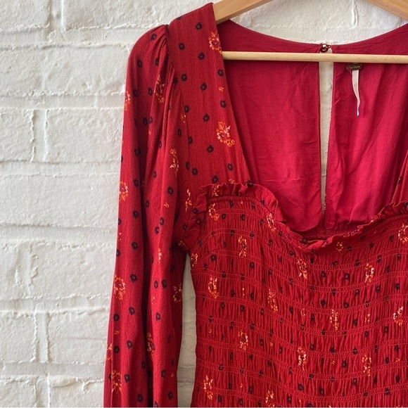 Free People || Two Faces Smocked Mini Dress Red XS - Picture 2 of 8